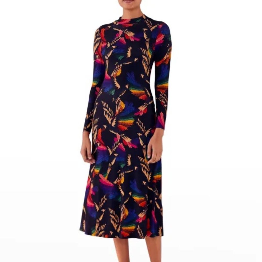 FARM Rio Black Macaws Flight Jersey Midi Dress Stretch Womens Size Medium